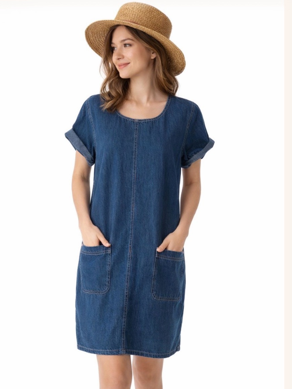 ERIKA CASUALS Cottagecore Denim Jean Dress Midi Modest Blue Pockets Medium VTG